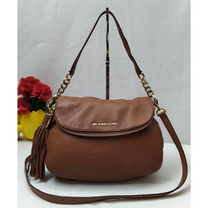 Michael Kors Bedford Brown Pebbled Leather Tassel Zipper Foldover Crossbody Bag
